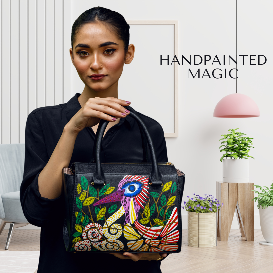 Sparkling in the Leaves Hand painted Premium Leather Hand Bag